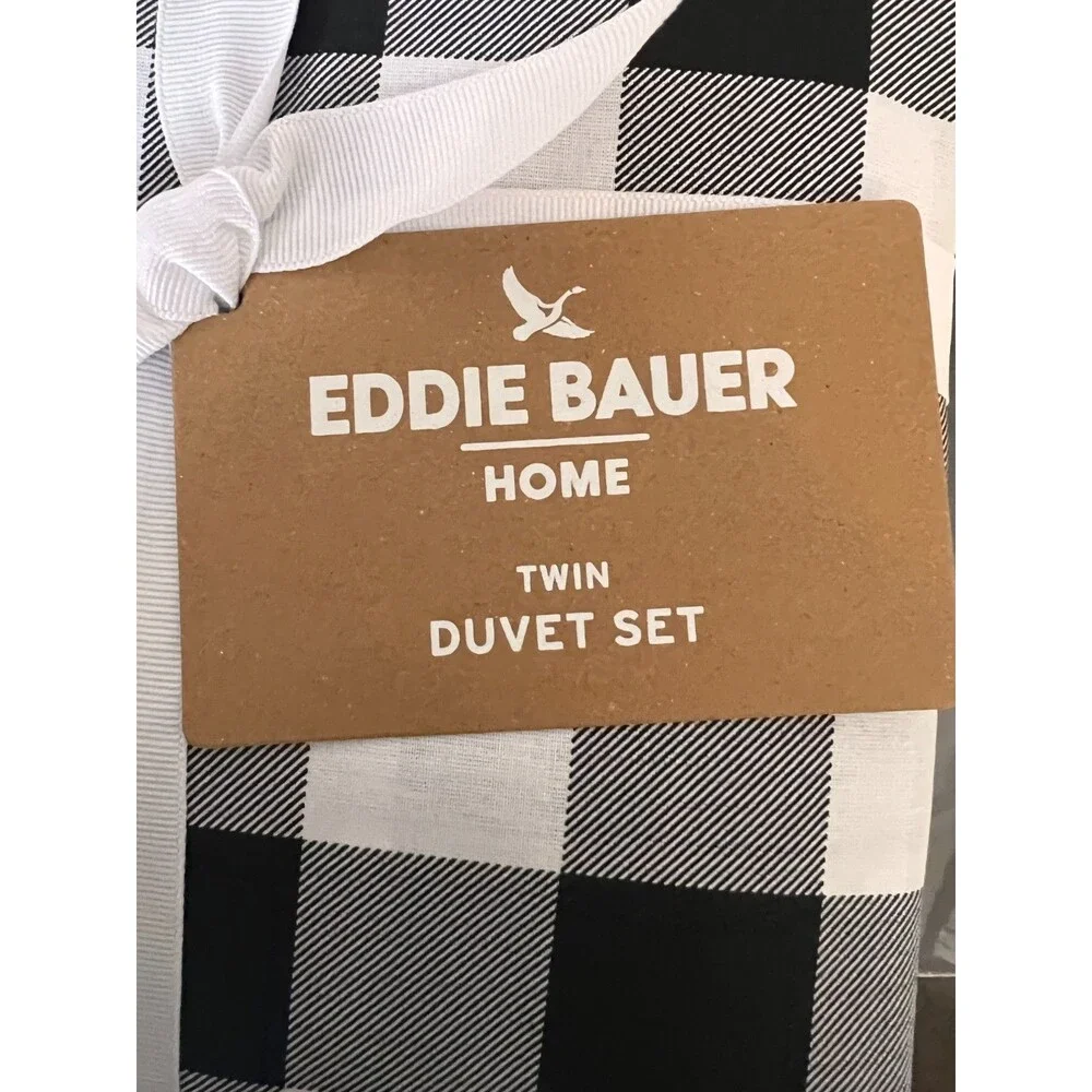 EDDIE BAUER Twin Duvet Cover Set 100% Cotton Black White Mountain Buffalo Plaid